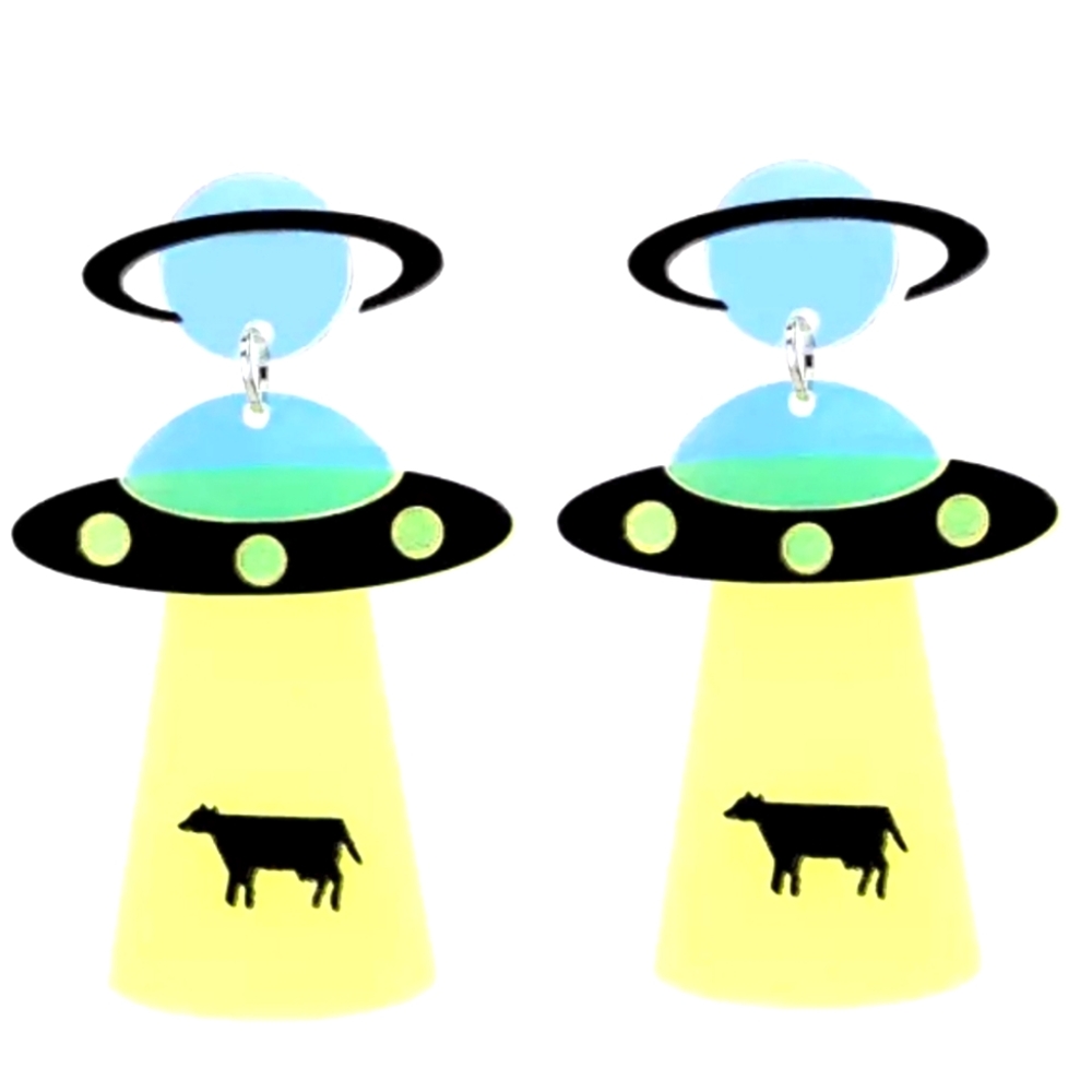 EARRINGS OVERSIZED ACRYLIC YELLOW ALIEN SPACESHIP...